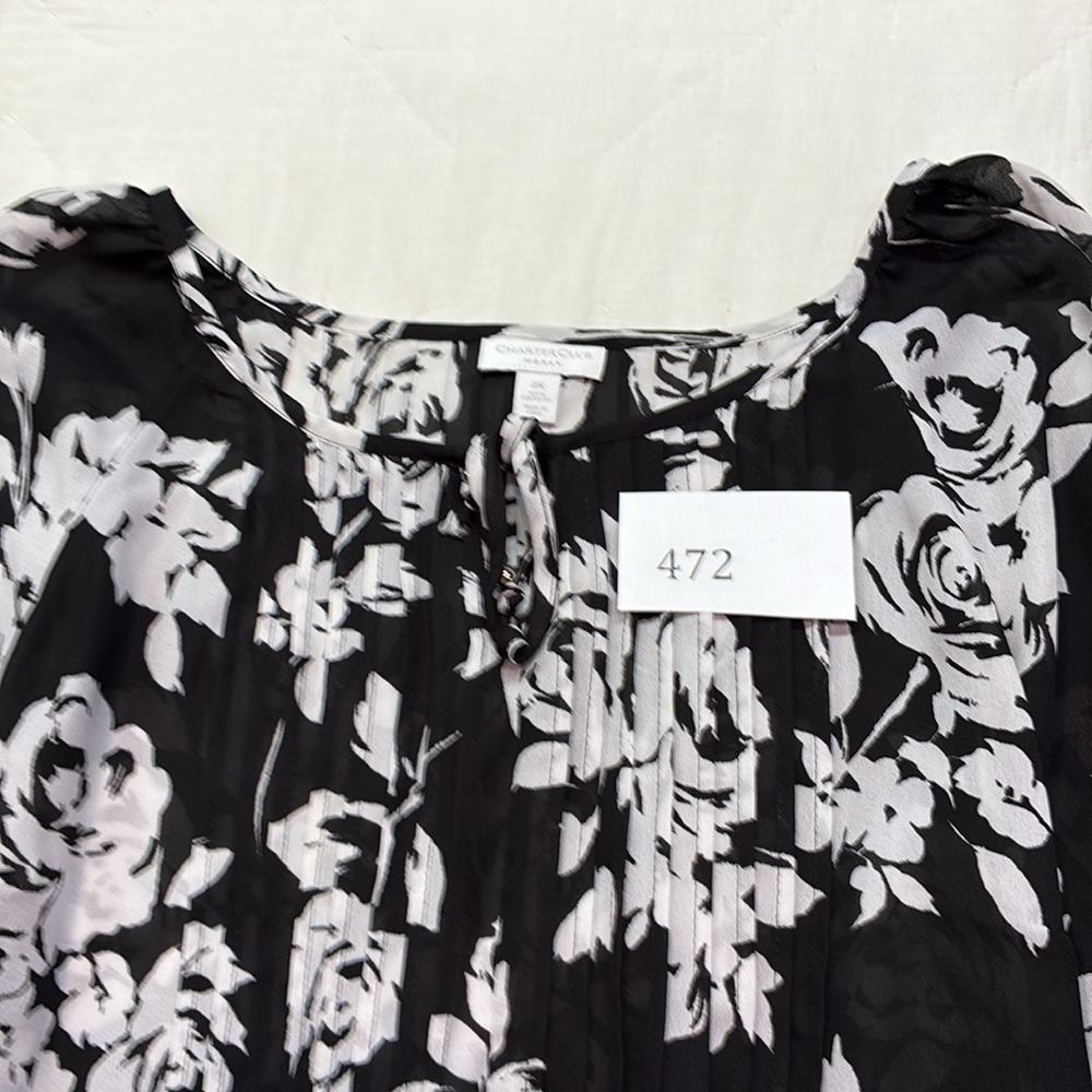 Charter Club Woman Black White Floral Pleated Tie Neck Blouse 2X Plus Size - Picture 10 of 10